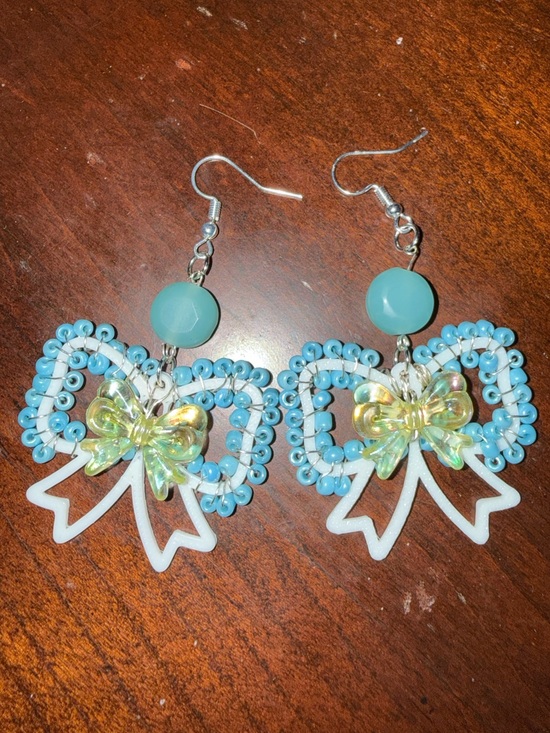 Handmade Jewelry - Iridescent Butterfly Blue Bead Bow Drop Earrings